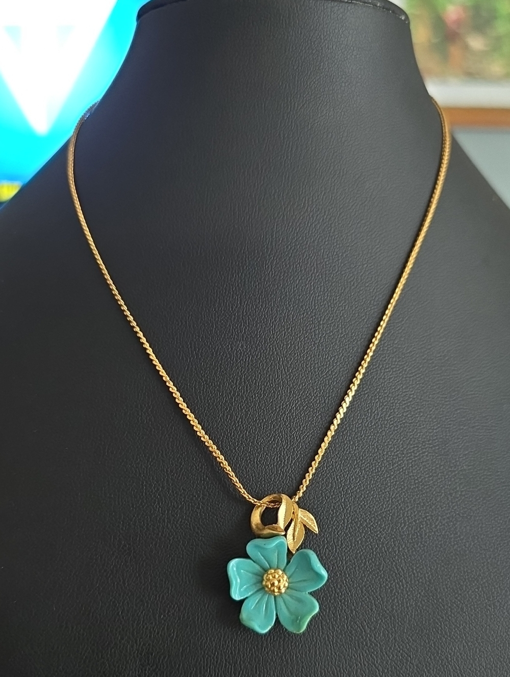 Gold Chain Necklace with Turquoise Flower Pendant